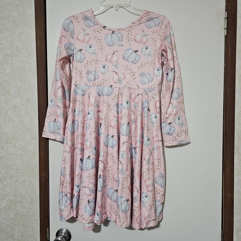 Marie Nicole Girls Size 5XL(9-10) Pink Harvest Fall Pumpkin Print Skater Dress